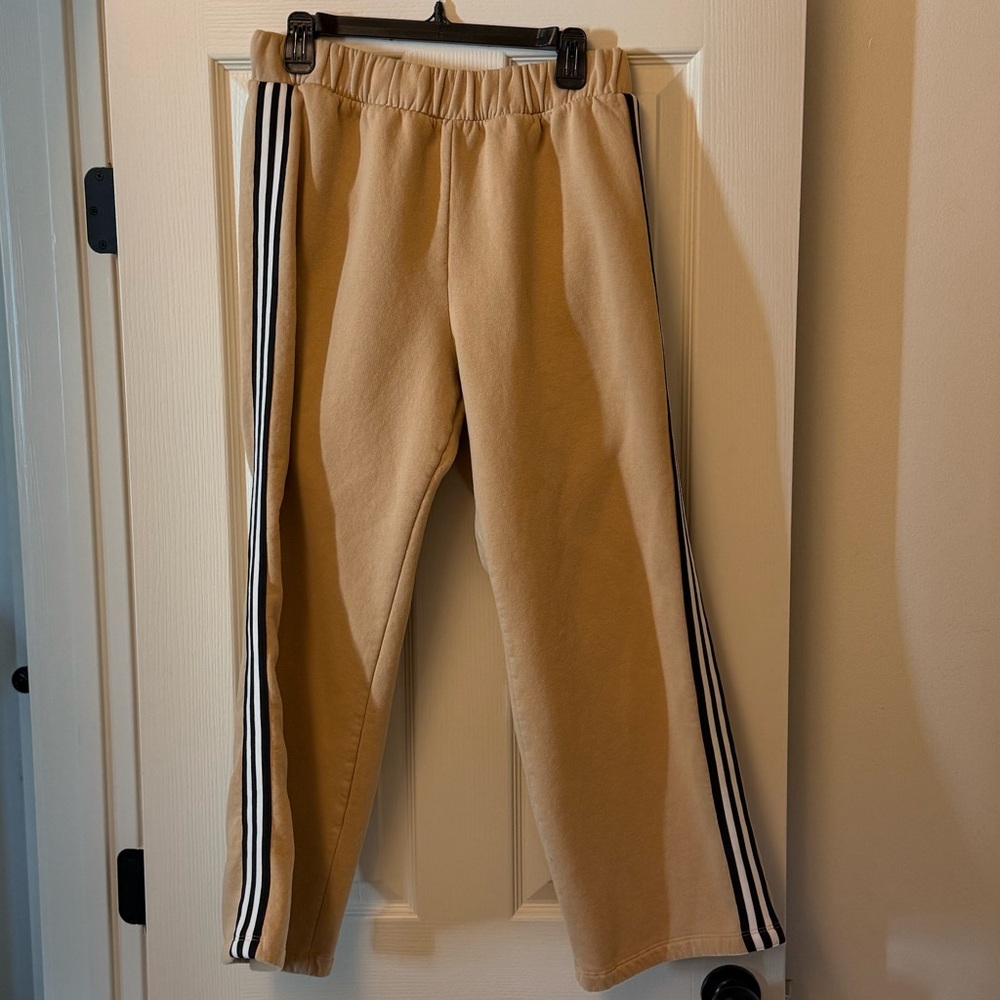 Anthropologie Tan Fleece Track Pants with Black Stripes - Medium